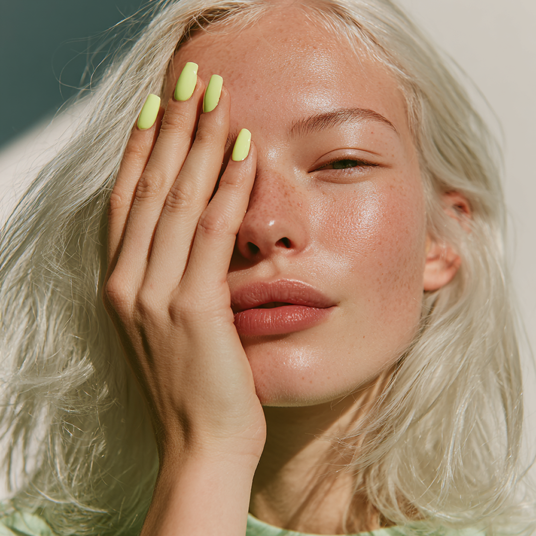 An image of a blond girl, covering one eye with yellow nails