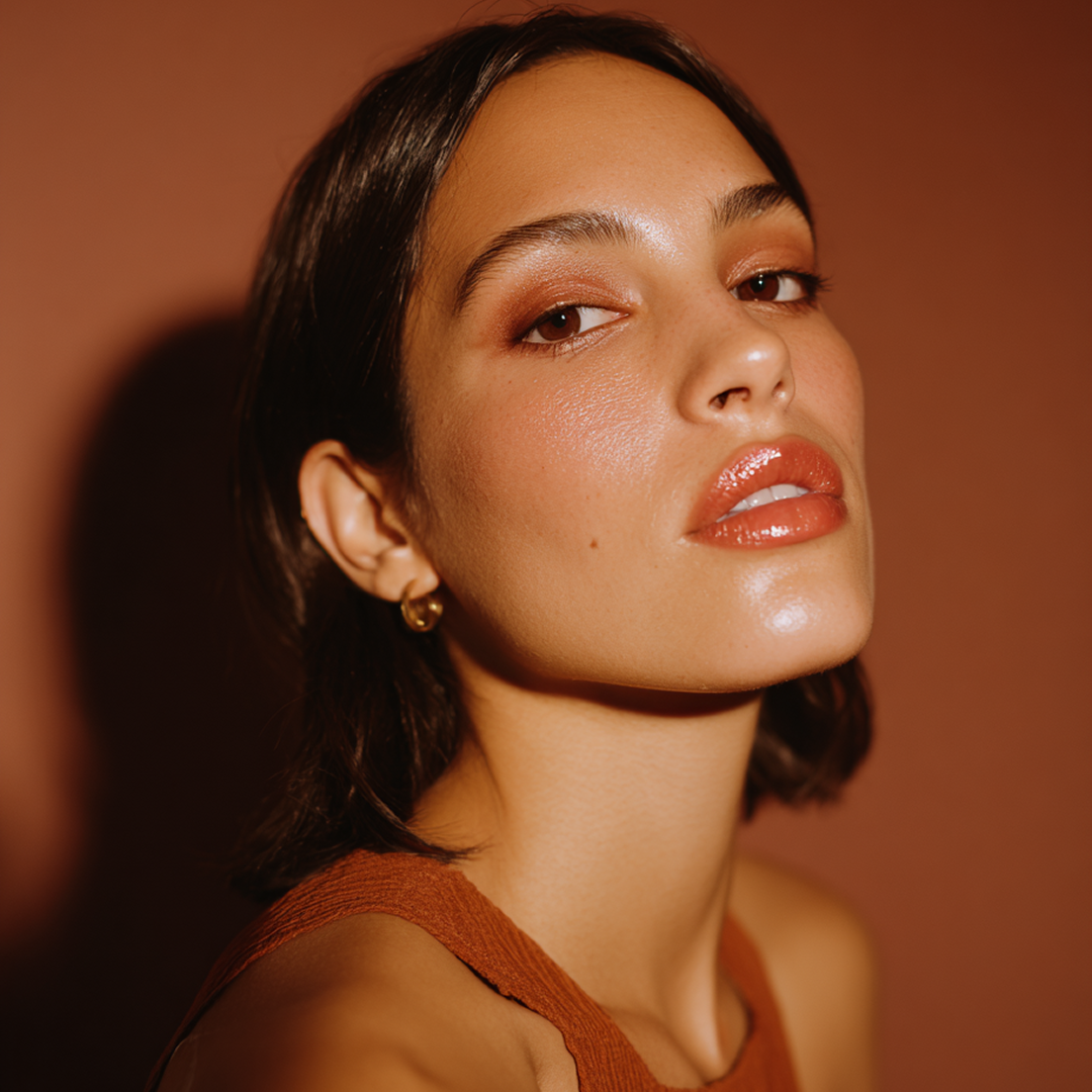 An headshot of a girl with with shrt dark hair and lipstick