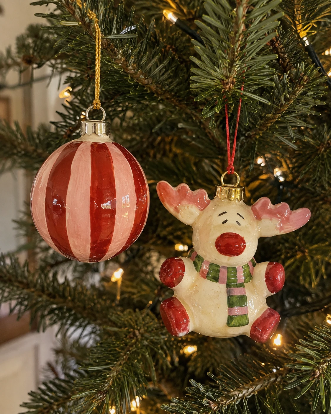 Handbemalter Weihnachts-Christbaumschmuck aus Keramik bei nebu Zürich – gestreifte Kugel und Rentier am Weihnachtsbaum