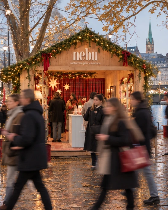 Die nebu Hütte am Abend zwischen Marktbesuchern, im Hintergrund See und Altstadt