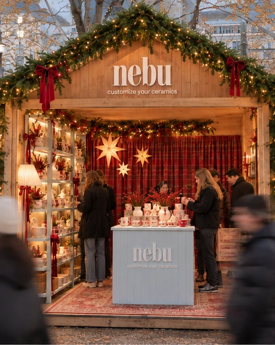 Die nebu Hütte am Weihnachtsmarkt Bellevue Noël mit Holzschild customize your ceramics, Regal voller Keramik und Lichterketten