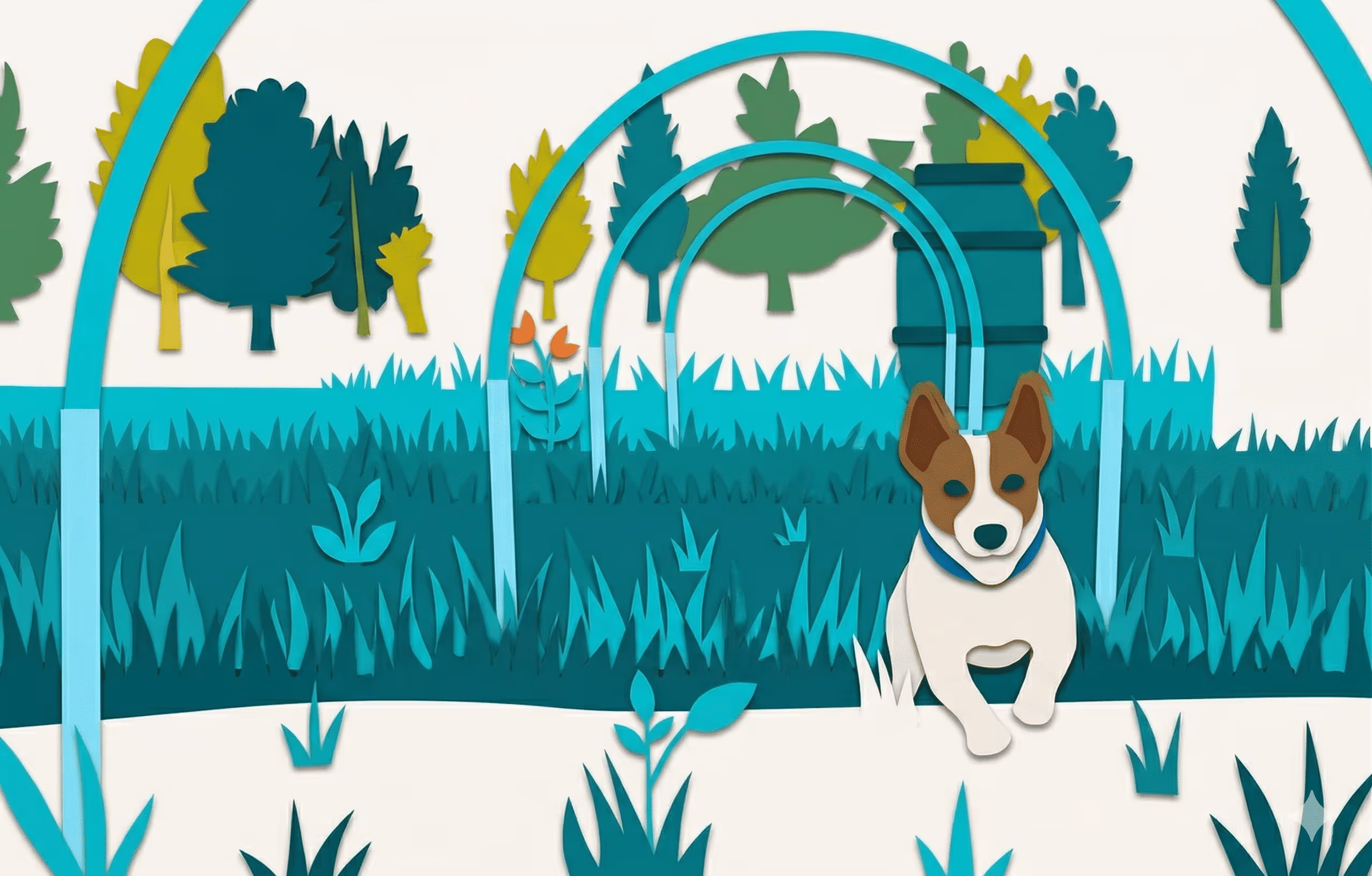 Illustration d'un petit chien devant des cerceaux de parcours Hooper dans l'herbe.