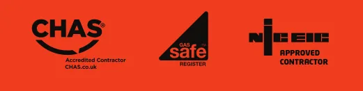 Trust marks for CHAS accredited contractor, Gas Safe Register, and NIC EIC approved contractor on red background.