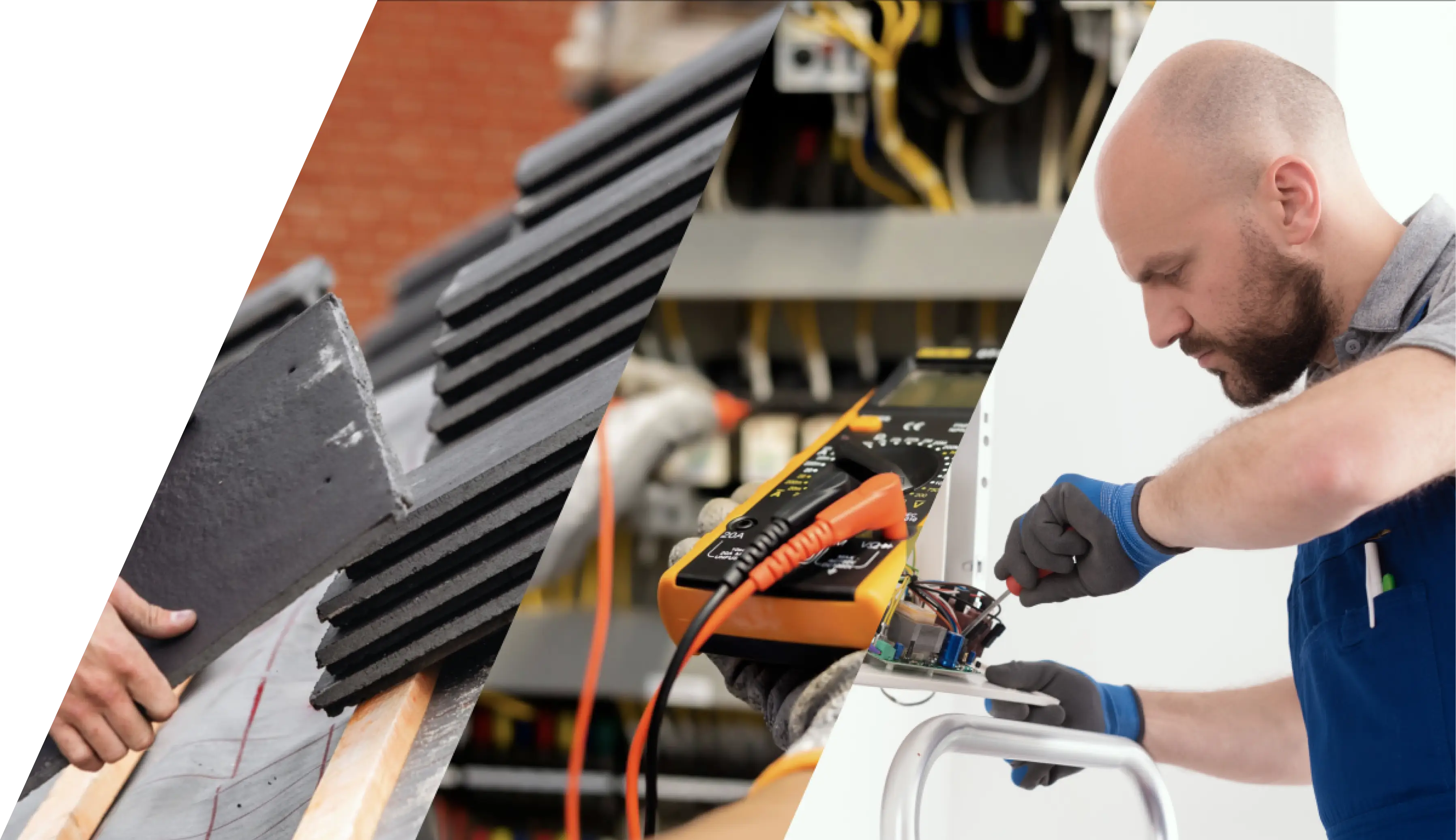 Composite image showing roof shingle installation, a multimeter testing electrical circuits, and an electrician working on wiring.