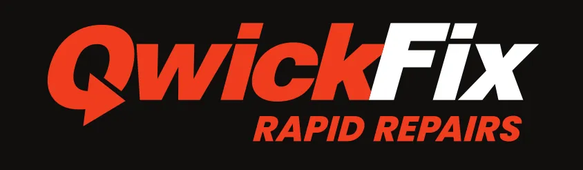 Logo with text 'QwickFix' where 'Qwick' is in bold orange with a stylized Q, and 'Fix' in bold white, plus 'RAPID REPAIRS' in smaller orange letters beneath.