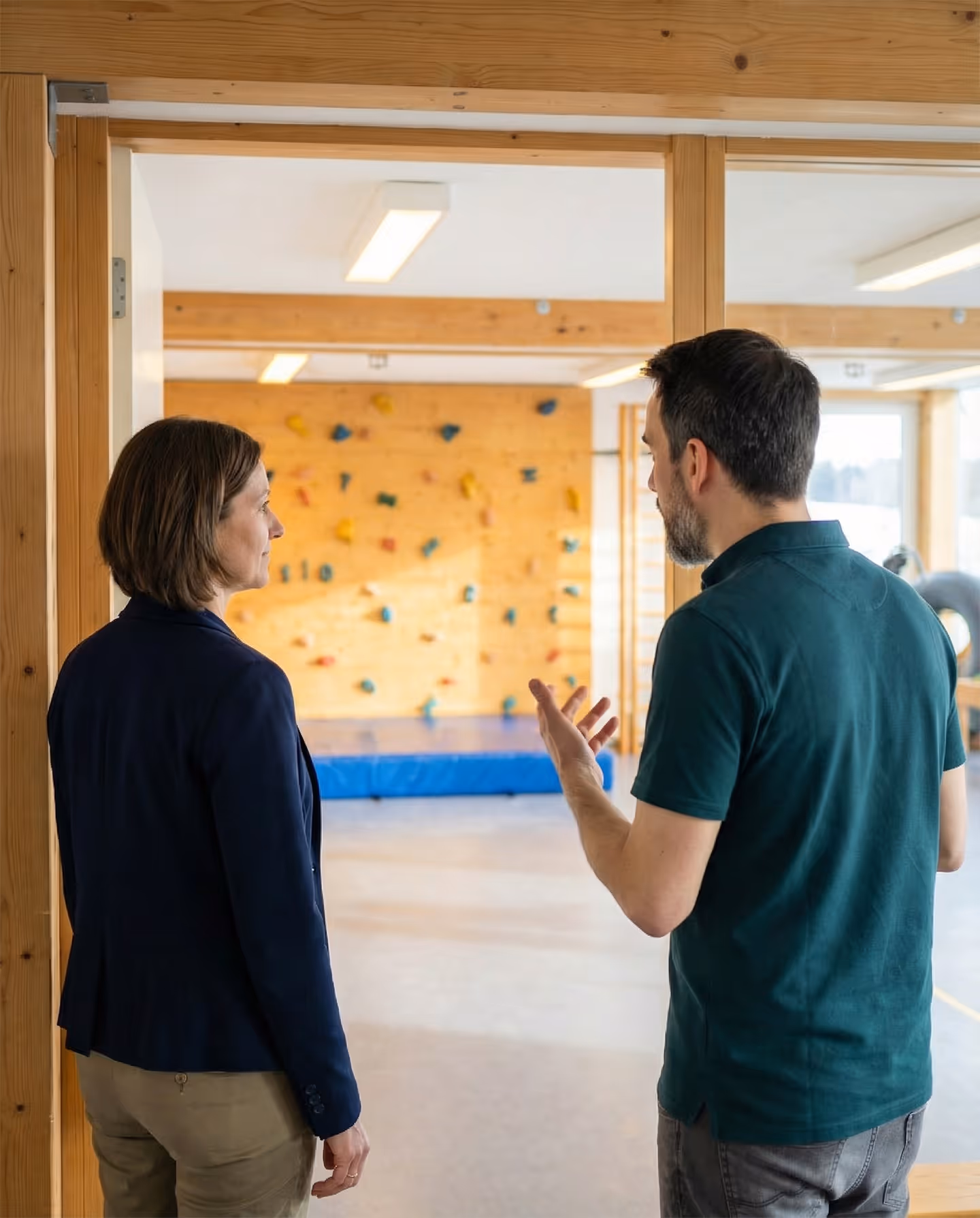 Zwei Personen im Gespräch bei Praxisführung durch Therapieräume
