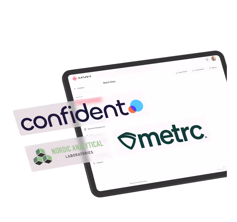 Tablet screen displaying the Databis interface, overlaid with logos of Confident, Metrc, and Nordic Analytical Laboratories.