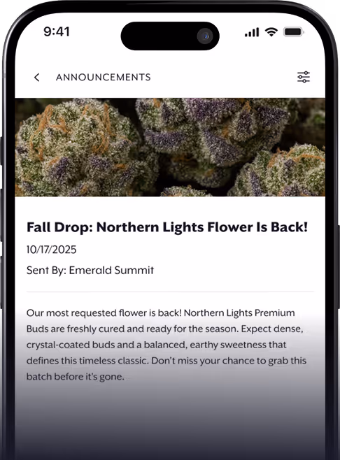 Smartphone screen showing an announcement titled 'Fall Drop: Northern Lights Flower Is Back!' from Emerald Summit with a close-up image of Northern Lights cannabis buds above the text.