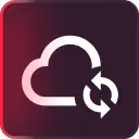 White cloud with circular arrows around it representing cloud synchronization on a dark red background.