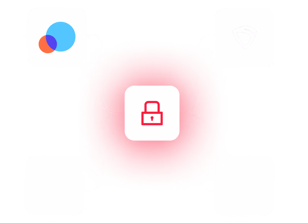 Central red lock icon connected by lines to four surrounding icons representing different security or technology features.