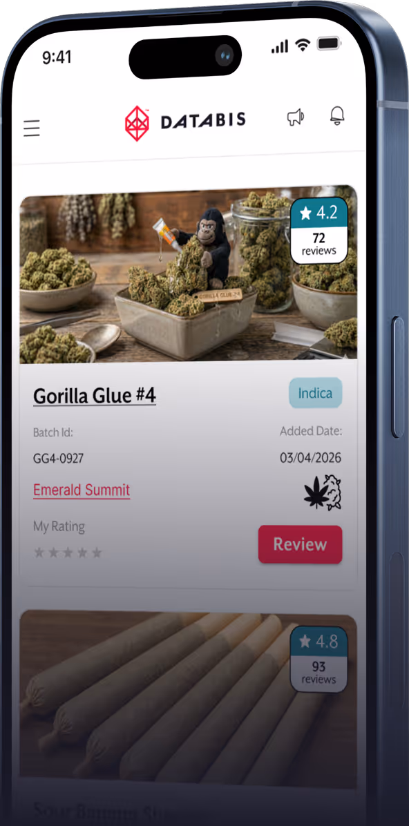 Smartphone screen showing Databis app with Gorilla Glue #4 cannabis strain rated 4.2 stars from 72 reviews and labeled Indica.