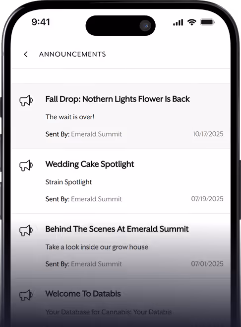 Smartphone screen showing announcements with titles: Fall Drop: Northern Lights Flower Is Back, Wedding Cake Spotlight, and Behind The Scenes At Emerald Summit, all sent by Emerald Summit with respective dates.