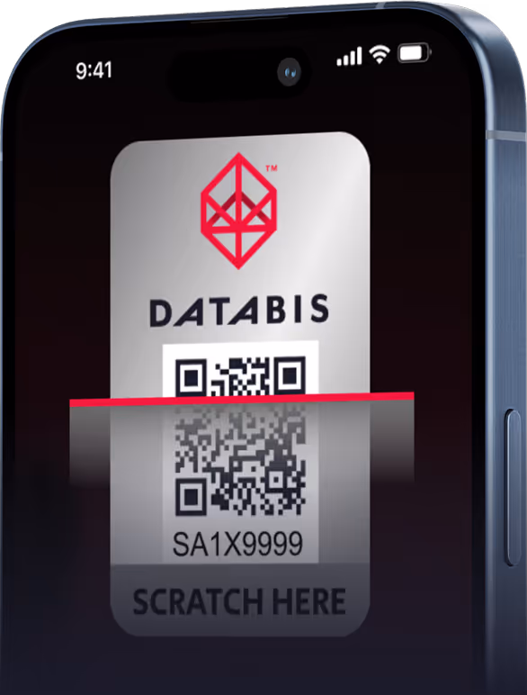Smartphone screen displaying a digital scratch card with Databis logo, QR code, code SA1X9999, and instruction to scratch here.