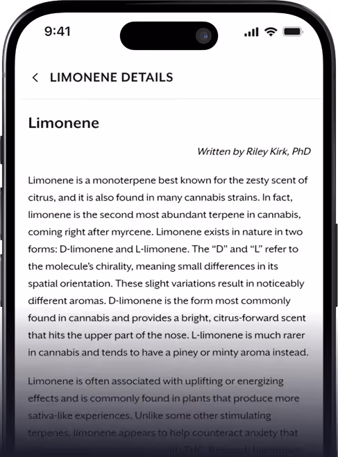Smartphone screen showing detailed text about limonene, describing its citrus scent, presence in cannabis strains, forms D-limonene and L-limonene, and associated effects.