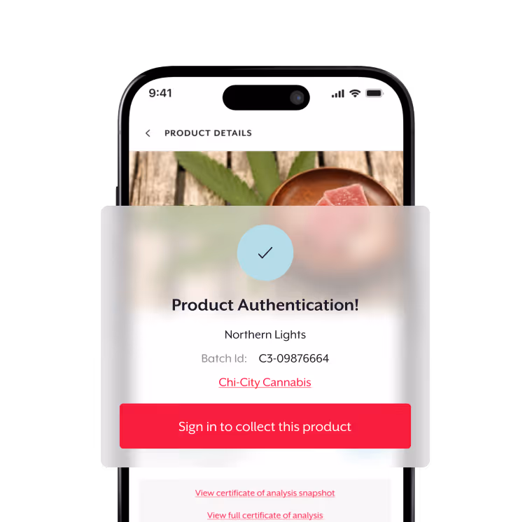 Mobile phone screen showing product authentication for Northern Lights cannabis with Batch Id C3-09876664 and a sign-in button to collect the product.