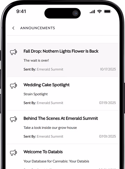 Smartphone screen showing announcement list with titles and dates including 'Fall Drop: Northern Lights Flower Is Back' and others from Emerald Summit.