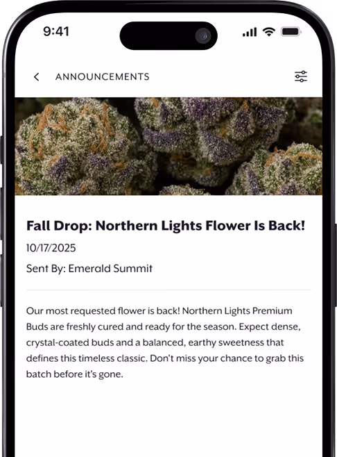 Mobile screen showing an announcement about the return of Northern Lights Flower with a close-up image of the buds above the text.
