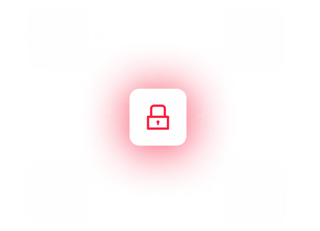 Red square with a white padlock icon in the center connected by lines to four white rectangles surrounding it.
