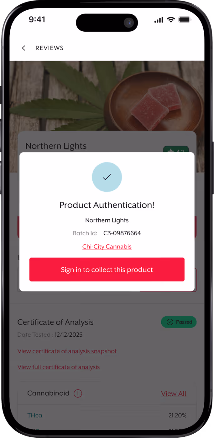 Mobile screen showing product authentication for Northern Lights cannabis with batch ID C3-09876664 and option to sign in to collect the product.