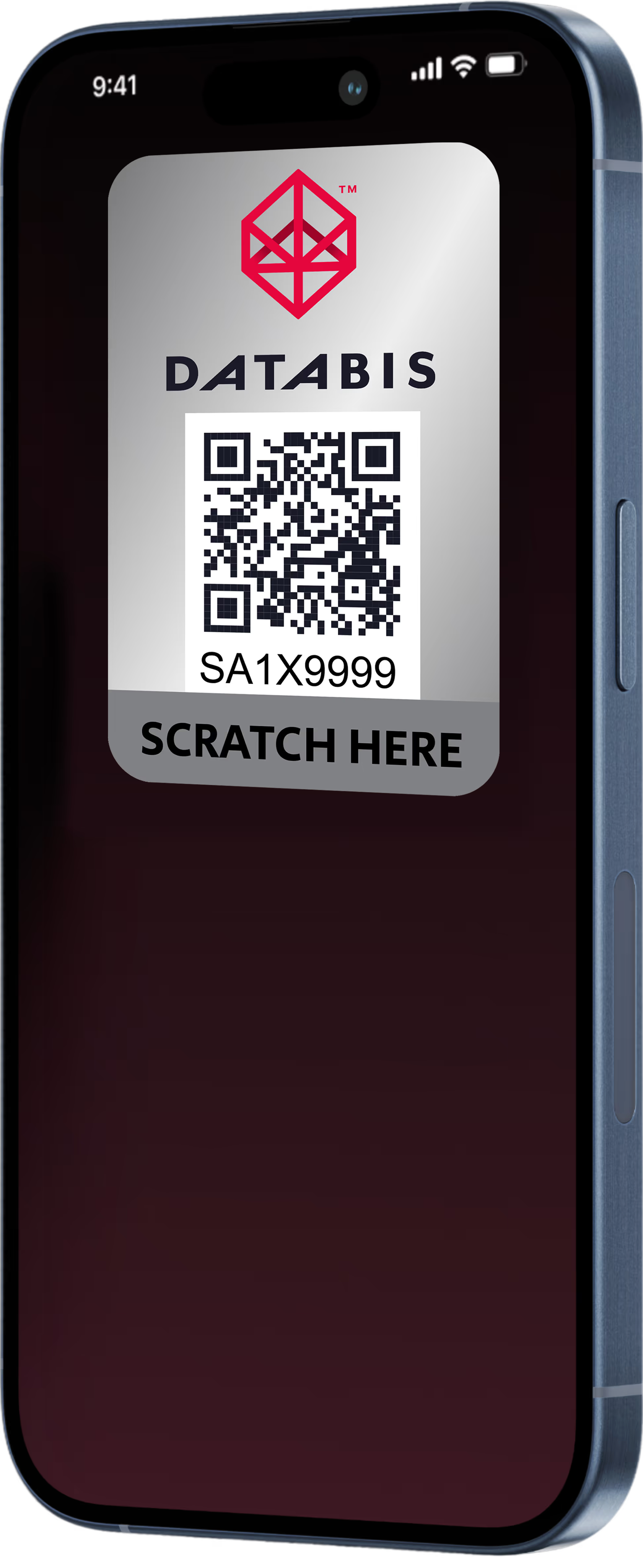 Smartphone screen displaying a DATABIS QR code with a scratch-off area labeled 'SA1X9999' and text 'SCRATCH HERE'.