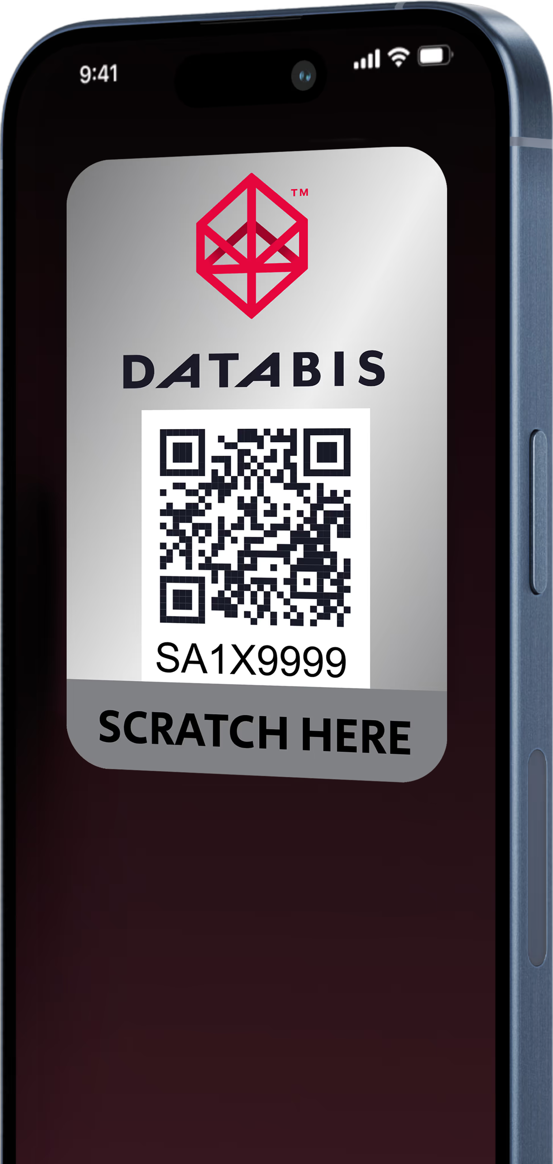 Smartphone screen displaying a DATABIS QR code with a scratch-off area labeled 'SA1X9999' and text 'SCRATCH HERE'.