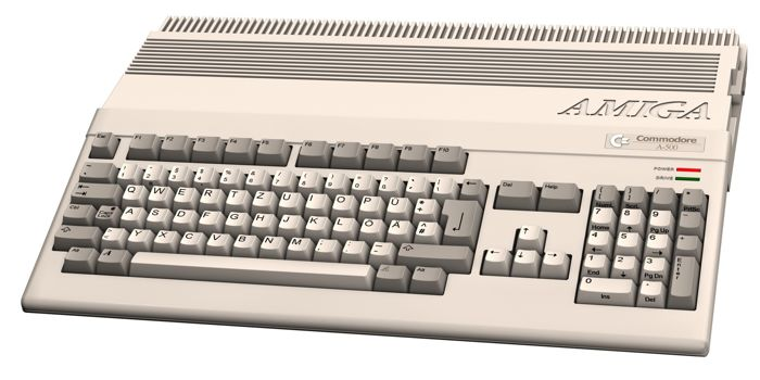Classic beige Commodore Amiga 500 computer keyboard with function keys, arrow keys, and numeric keypad.
