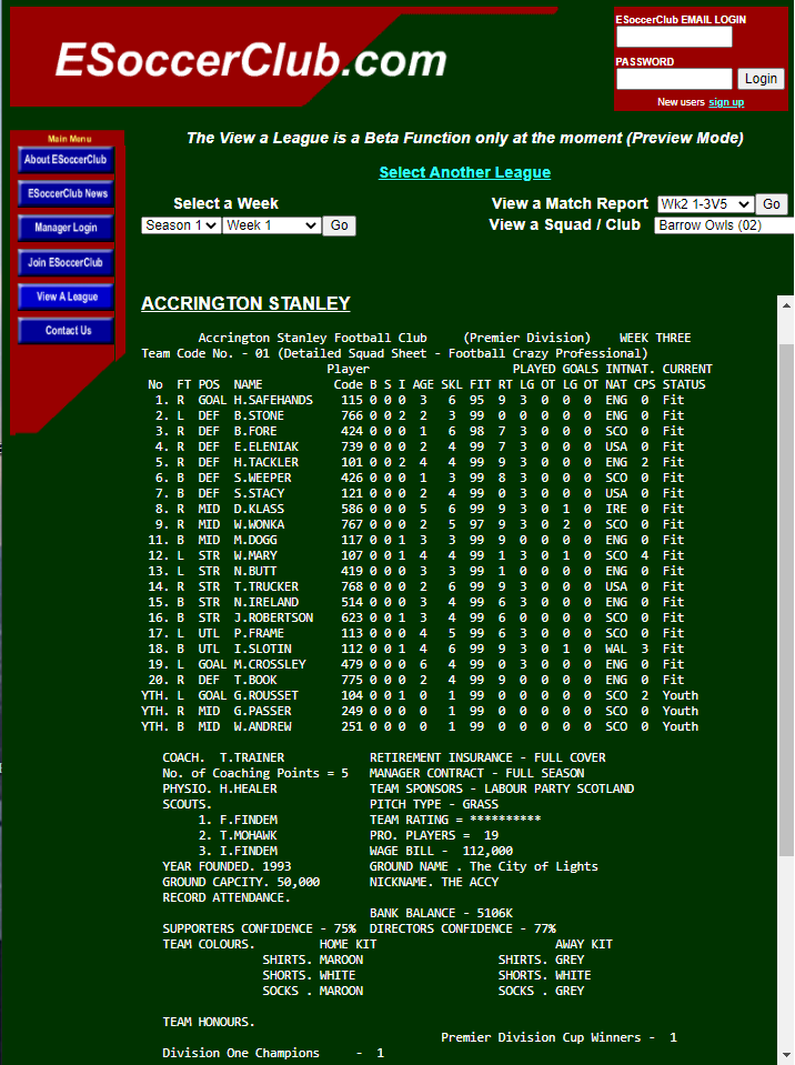 Screenshot of ESoccerClub.com beta website showing Accrington Stanley football club squad list, player stats, coaching details, and menu options on a dark green background.