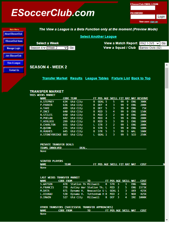 Screenshot of ESoccerClub.com beta league view for Season 4 Week 2 showing transfer market details, including player names, teams, positions, skills, ratings, nationalities, reserves, and recent transfer market activity.