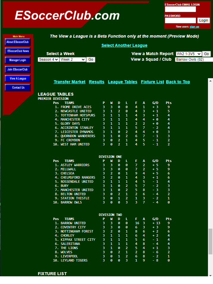 ESoccerClub website screenshot showing login, league tables for Premier Division, Division One, and Division Two, with teams, positions, and points.