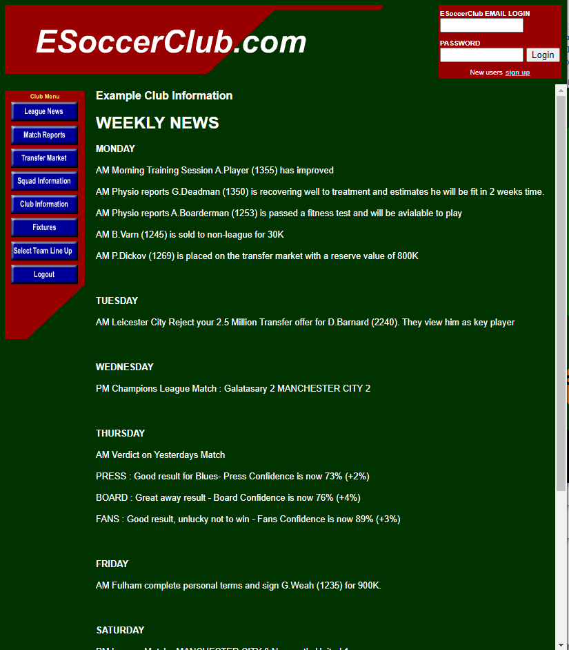 ESoccerClub.com website showing weekly news with club menu options like League News, Match Reports, Transfer Market, Squad Information, Club Information, Fixtures, Select Team Line Up, and Logout on dark background.