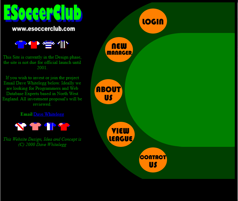 Early 2000s ESoccerClub website design with blue and green ESoccerClub logo, text about design phase, soccer jersey icons, and orange circular navigation buttons labeled Login, New Manager, About Us, View League, and Contact Us on a dark green background.