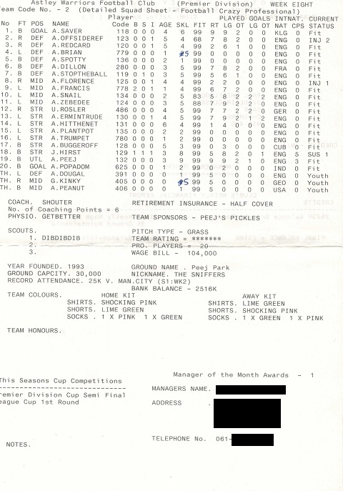 Astley Warriors Football Club team sheet listing player names, positions, stats, squad numbers, team info, and contact details with some information redacted.