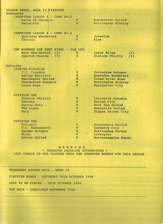 Printed football fixtures and notes for Season Three, Week 12 dated 1996, listing Champions League A and B games, Cup Winners Cup semi-final second leg, Premier Division, Division One, and Division Two matches, along with warnings about transfer deadlines and coaching bonuses.