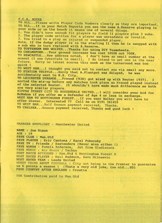 Yellowed, typewritten page titled 'F.C.A. NOTES' listing football player codes, match report instructions, team updates, and a manager spotlight on Manchester United's Jon Dixon with personal favorites and opinions.