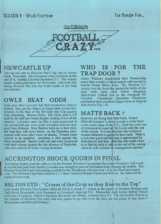 Football Crazy newsletter issue covering Season 3 Week 14 with updates on Newcastle, Owls, Accrington, and Millwall football matches and rumors.
