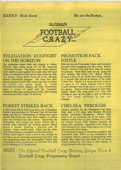 Yellowed newspaper page titled Football Crazy with articles on football topics including relegation dogfight, promotion pack jostle, Forest striker comeback, and Chelsea progress.