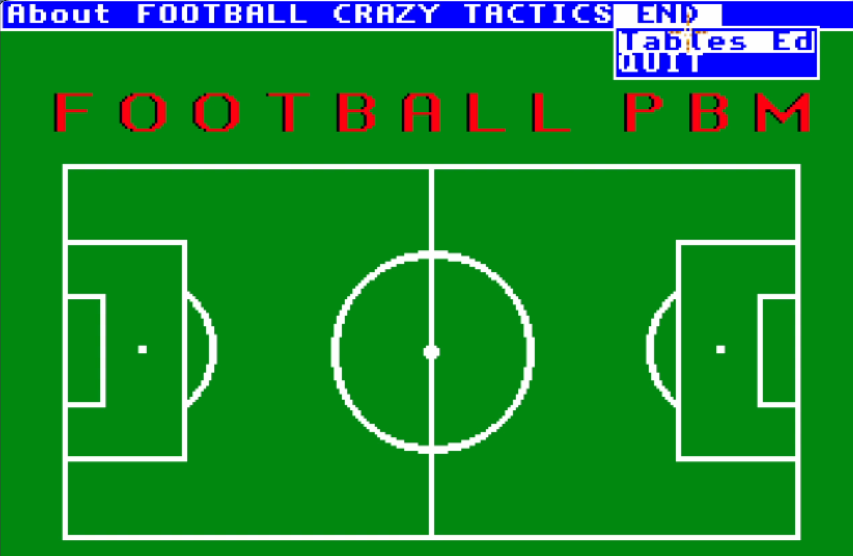 Screenshot of a retro-style football game interface showing a green football field with white lines and the text 'FOOTBALL PBM' in red, with a blue menu bar at the top.