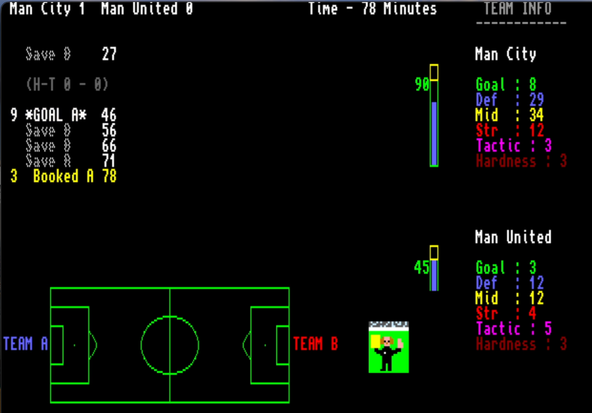 Retro-style soccer game screen showing Man City leading Man United 1-0 at 78 minutes with team stats and a simple soccer field diagram.