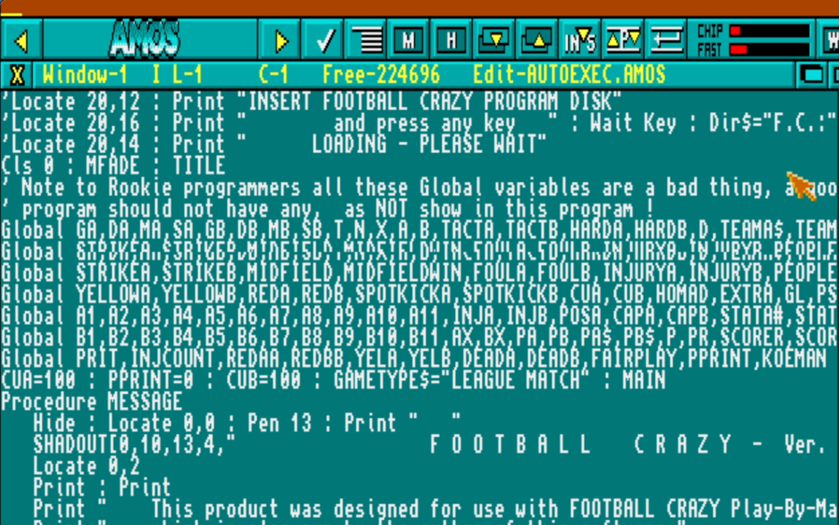 Screenshot of vintage AMOS BASIC programming interface showing code for FOOTBALL CRAZY program with global variables and print statements.