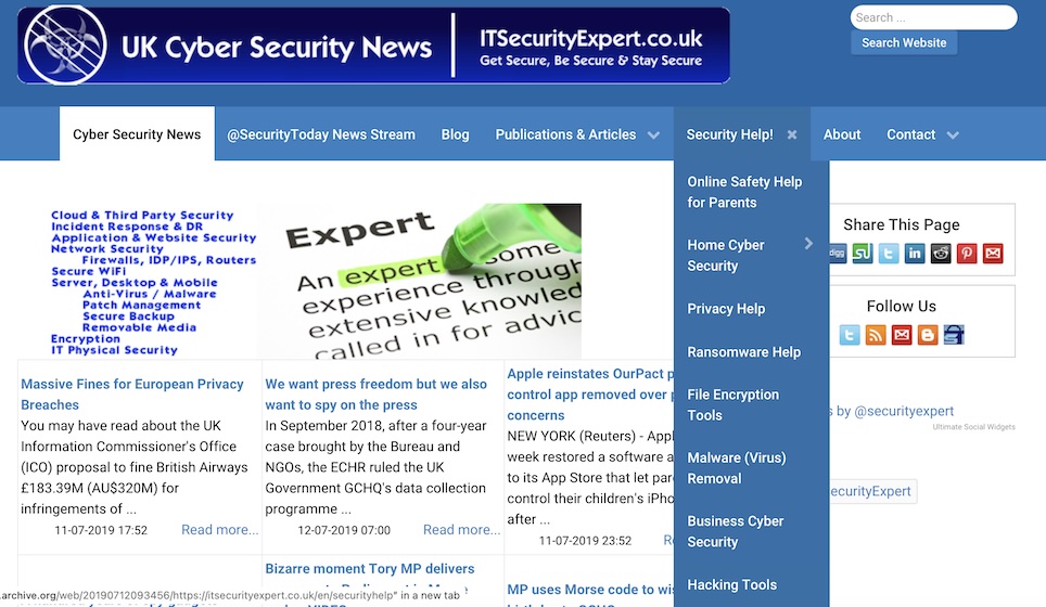 Screenshot of UK Cyber Security News website homepage featuring navigation menu, highlighted text with marker, and news headlines on privacy and security topics.