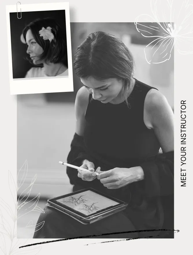 Woman in black sleeveless top holding a stylus and looking at a tablet with botanical sketches, with an inset photo of her profile wearing a flower in her hair.