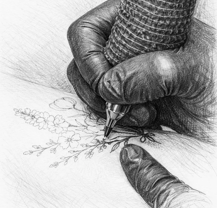 Close-up of tattoo artist wearing black gloves drawing a delicate floral tattoo on skin with a tattoo machine.