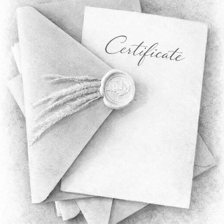 A certificate partially tucked into an envelope sealed with wax and decorated with sprigs of wheat.