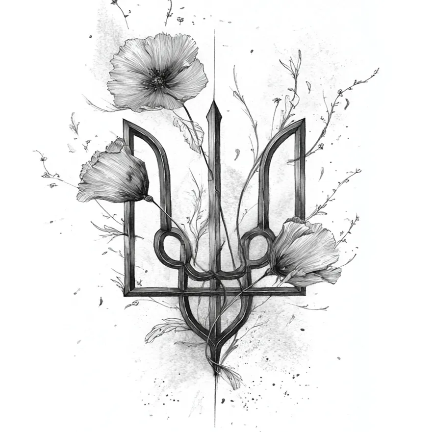 Black and white illustration of a trident symbol entwined with delicate flowers and branches.