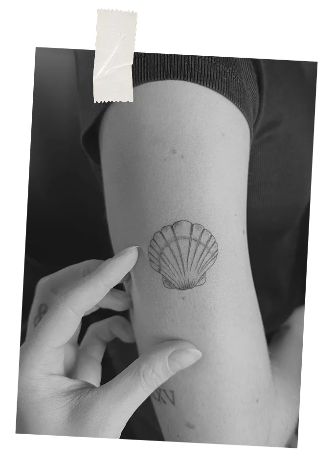 Black and white photo of a person's arm with a tattoo of a seashell and a hand gently touching it.