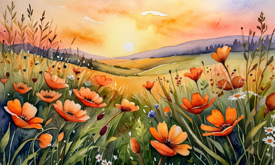 A watercolour reproduction of orange flowers in a meadow at sunrise