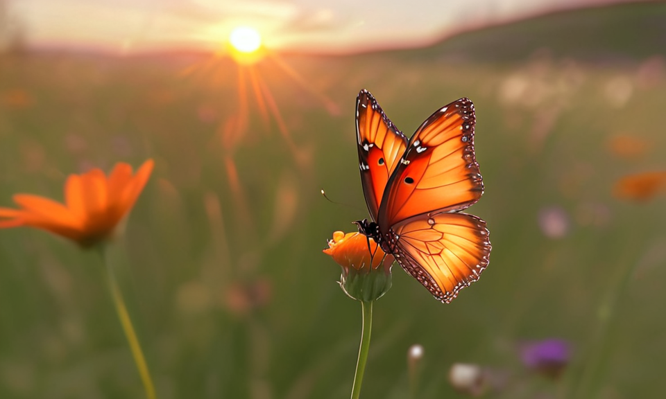 Orange and black monarch butterfly perched on an orange flower with sunlight and blurred field in the background.