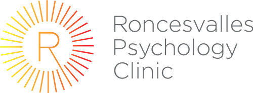 Logo with the letter R surrounded by yellow, orange, and red radiating lines, next to the text Roncesvalles Psychology Clinic.
