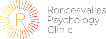 Logo of Roncesvalles Psychology Clinic featuring a stylized letter R surrounded by a circular gradient sunburst in yellow to red.