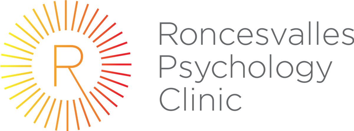 Logo with a stylized letter R surrounded by radiating lines in a gradient from yellow to red, next to the text Roncesvalles Psychology Clinic.